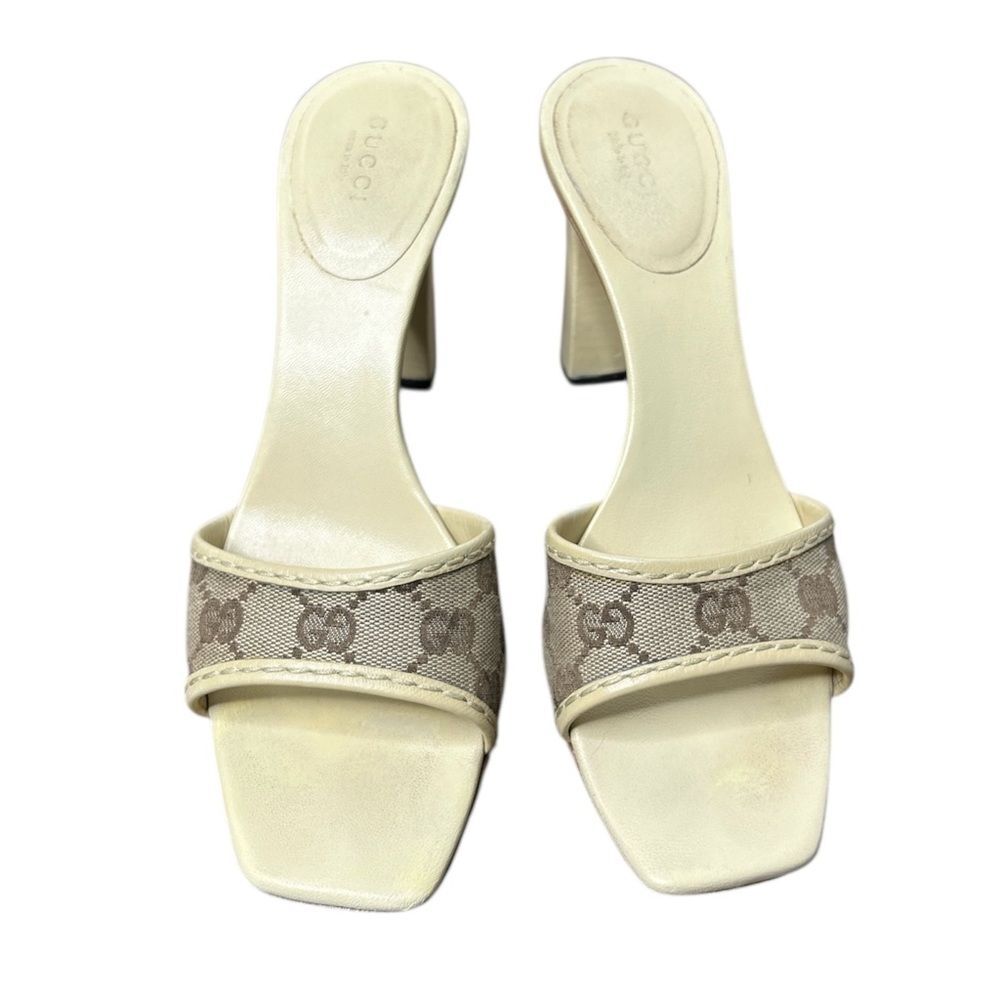 Gucci GG Monogram Slide Sandal Heels Beige Canvas Cream Size 8.5 Box Mules - Picture 9 of 9
